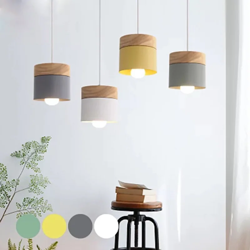 

Nordic LED Pendant Lights Metal Wood Colorful Hanging Chandeliers Living Dining Room Kitchen Restaurant Bar Decor Pendant Lamps