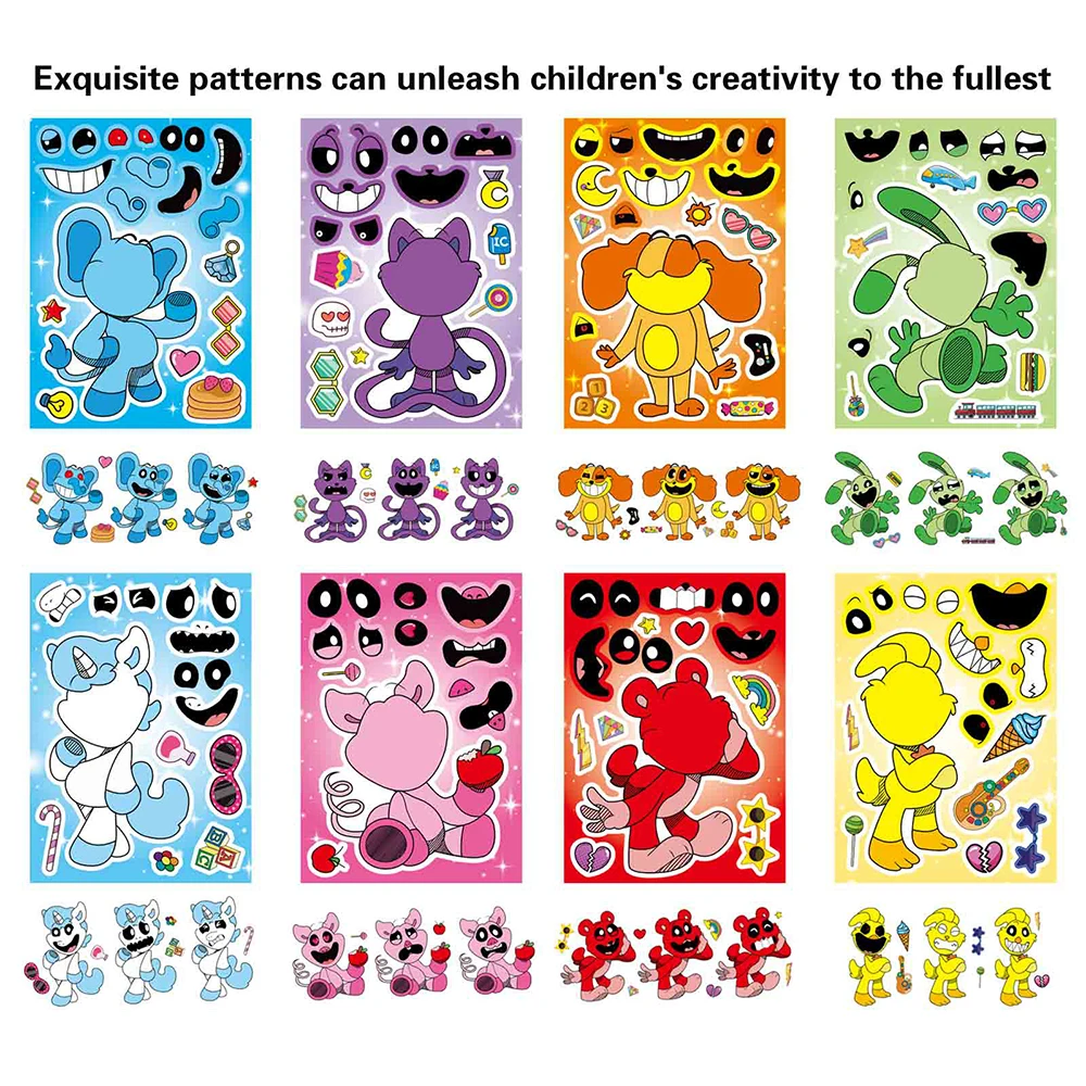 8/16Sheets Children DIY Smilling Critters Make a Face Puzzle Stickers Anime Character Jigsaw Assemble Kids Game Gift Party Favor