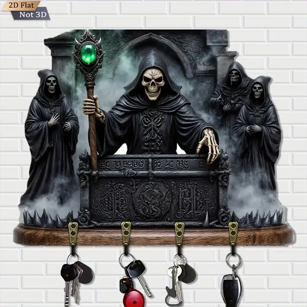 Gothic Death Statue Key Rack - Medieval Gothic Key Organizer with Death Scepter, 4-Hook Key Ring System, Dark Wood & Metal
