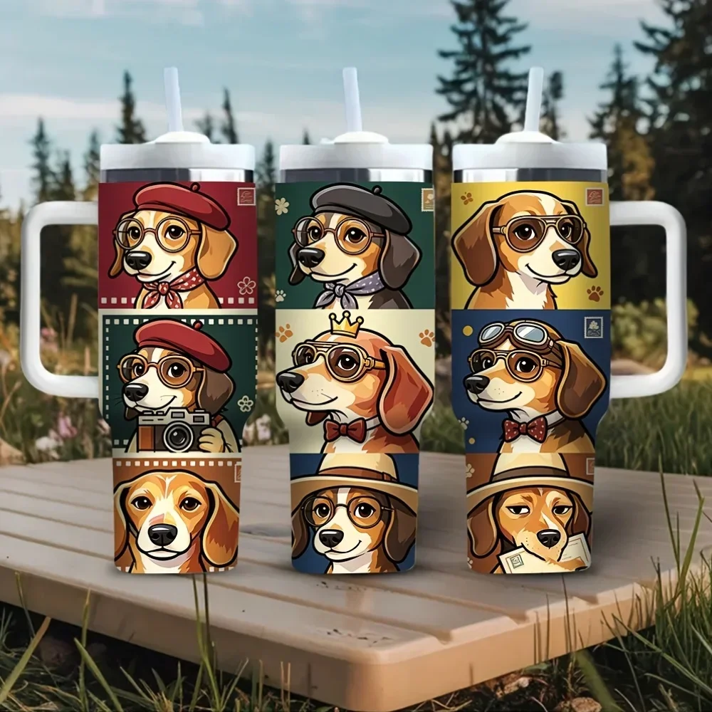40Oz Tumbler with Handle, Cute Stylish Beagle Dog Pattern Print, Suitable for Dog Lovers, Ideal for Daily Use, Outdoor Travel, Camping, And Picnics, Fits Both Hot And Cold Drinks