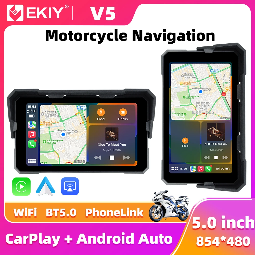 EKIY Wireless CarPlay Moto Android Auto GPS Motorcycle Navigation Display Screen 5.0 inch Portable Digital Motorcycle Dashboard