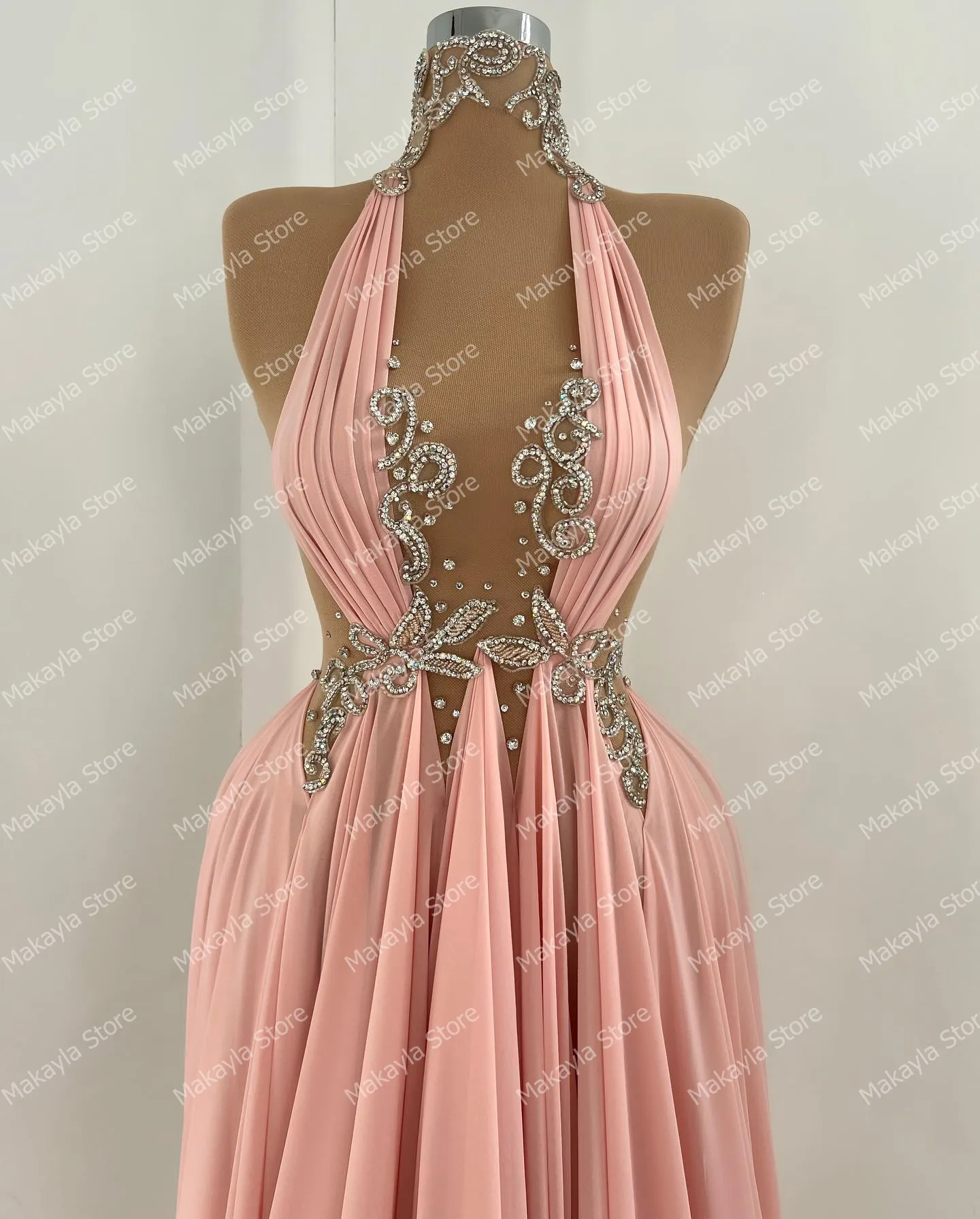 Real Image Halter Crystals Evening Dress Sexy Backless Beaded Chiffon Long Prom Gowns Elegant Women Celebrity Party Gowns