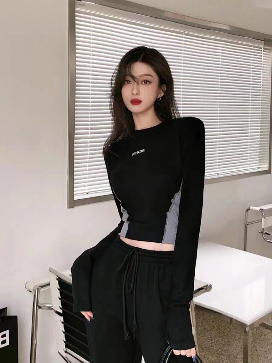 Women's Sexy Spice Y2K Short Long Sleeve T-Shirt Black Slim Slim Comfortable De Velvet Inner Jazz Colorblocking Tops Design