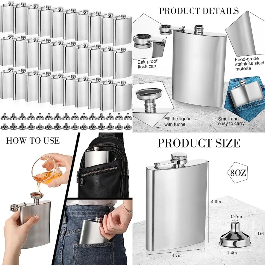 

30 Pieces Hip Flasks Set Stainless Steel Liquor Flask with Funnel Metal Leak Proof Flask Pocket Whiskey Flasks for Men Women Br