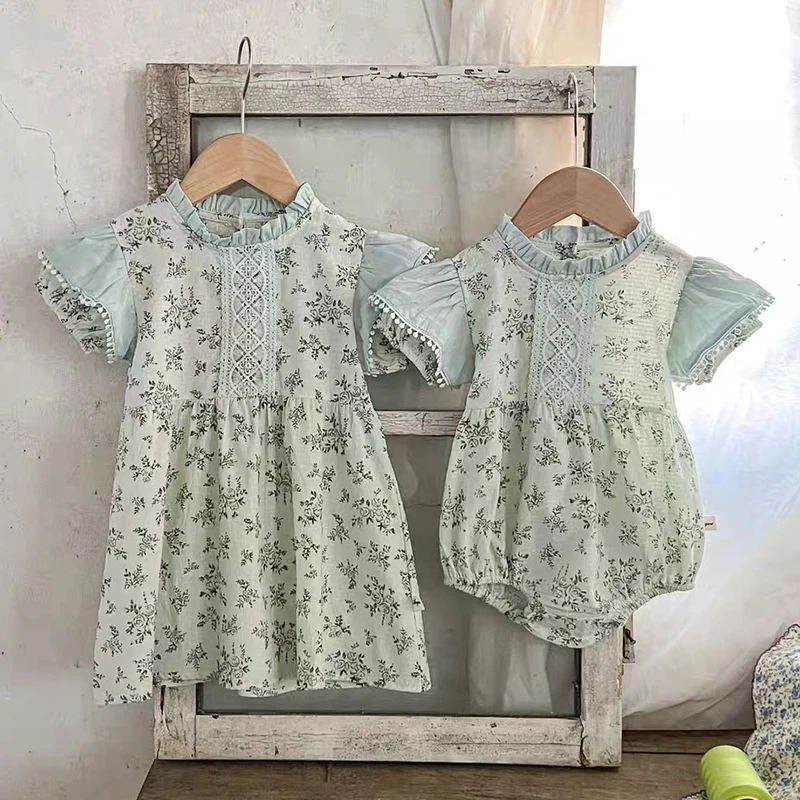 Matching Sister Outfit 0-6Y Baby Girls Clothes Kids Summer New Girls Short Sleeve ​Dress Plaid Flower Baby Romper Princess Dress