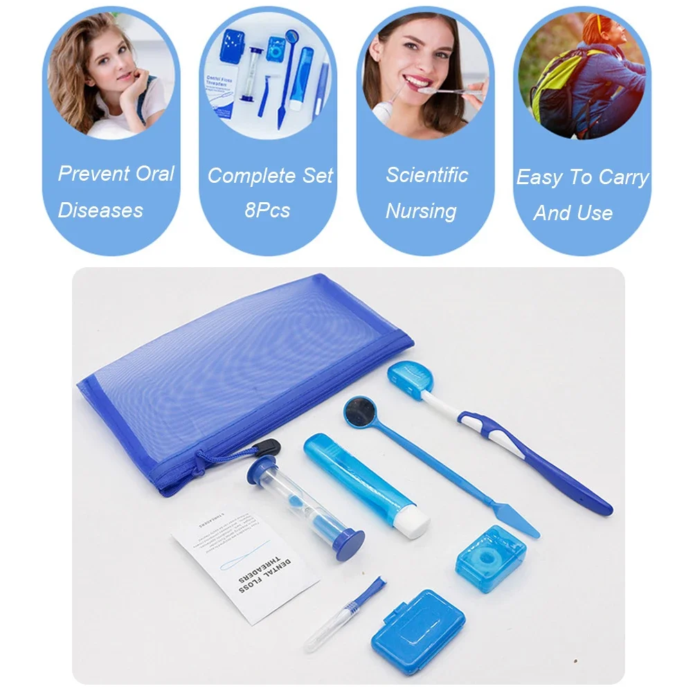 8 pçs/set caso de viagem fornecimento ortodôntico kit ferramenta cuidados orais escova de dentes cera protetora fio dental boca espelho escova interdental