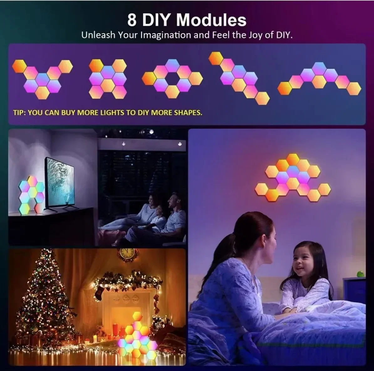 Inteligente RGB LED Hexagon Lâmpada de Parede, Música Sync Luzes Ambiente, Quarto Gamer, Decoração do feriado, Wi-Fi, Bluetooth, Happy Birthday