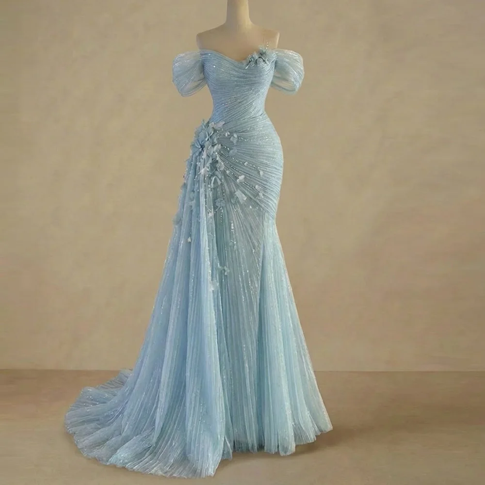 

Customized Delicate Off the Shoulder Evening Dress Short Sleeves Sweep Train Bespoke Occasion Gowns Mermaid Sequined Prom Dress