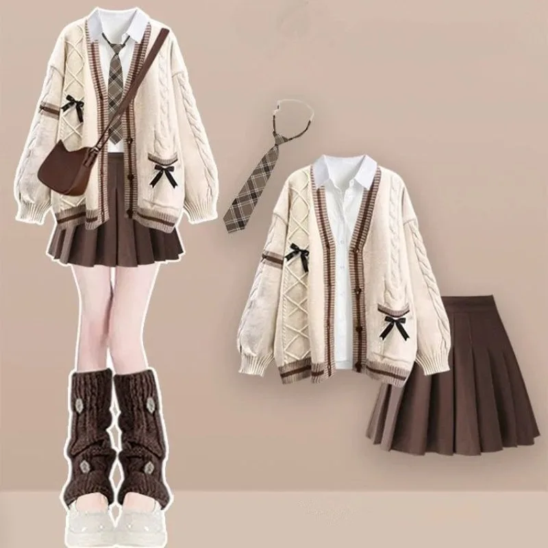 سيدة الحلو Boknot القمم تنورة دعوى المرأة ربيع الخريف Preppy نمط سترة برقبة على شكل v سترة قمصان مع التعادل البسيطة مطوي التنانير مجموعة #1