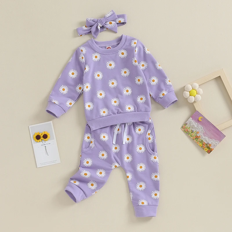 3Pcs Baby Girl Fall Outfits Daisy Sweatshirt + Pants + Headband Infant Fall Winter Clothes Purple 6 Months to 3 Years