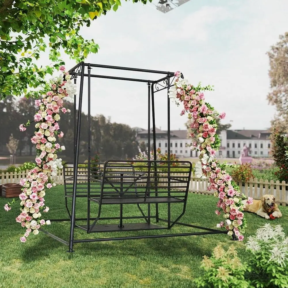 

4-Seat Heavy-Duty Porch Swing with Stand, Outdoor Swing Bench Set with Table and Chairs, Comfortable Backrest for Garden and Par