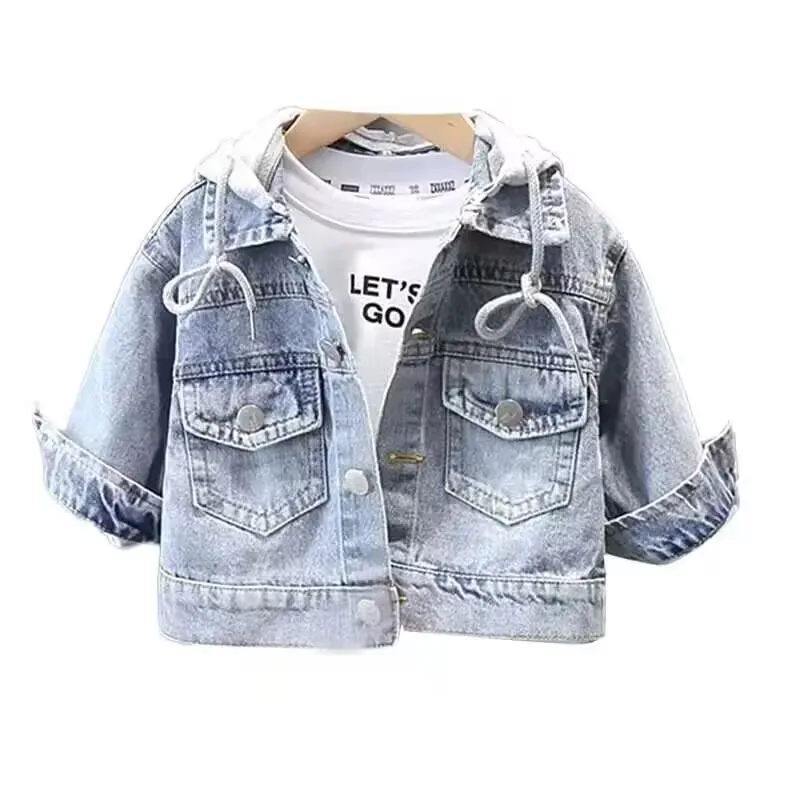 Spring and Autumn Children\'s Denim Coat Korean Version Boys and Girls Hooded Jacket Foreign Style Toddler Baby Jacket Top