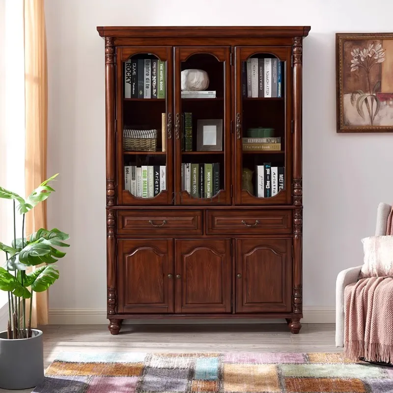 *1 خزانة كتب أمريكية مصنوعة بالكامل من الخشب الصلب مع باب زجاجي، دراسة أوروبية بسيطة لتخزين رف الكتب القديم