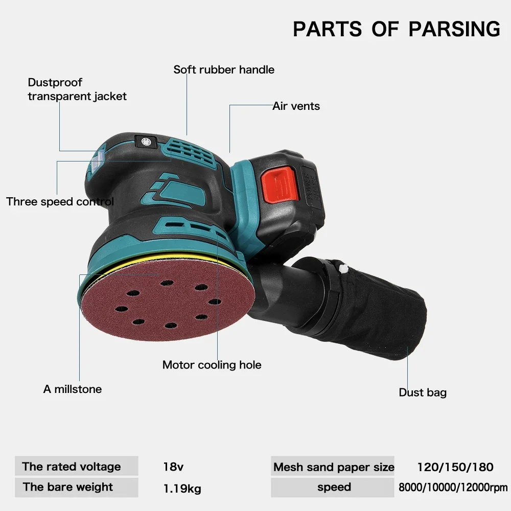 20V Wireless Electric Random Orbital Sander Polisher Tool Polishing Machine Grinder for Car Paint Care Rust Removal