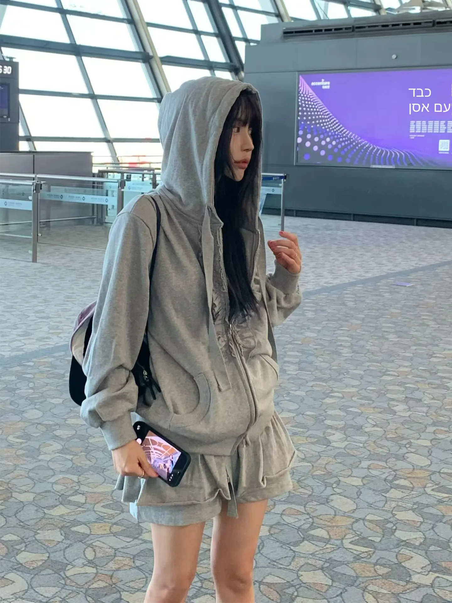Korean Style Wood Grain Ruffle Hoodie Jacket Women's Autumn Winter Fashion Set Two Pieces Skirt Top Combo Casual Outfit