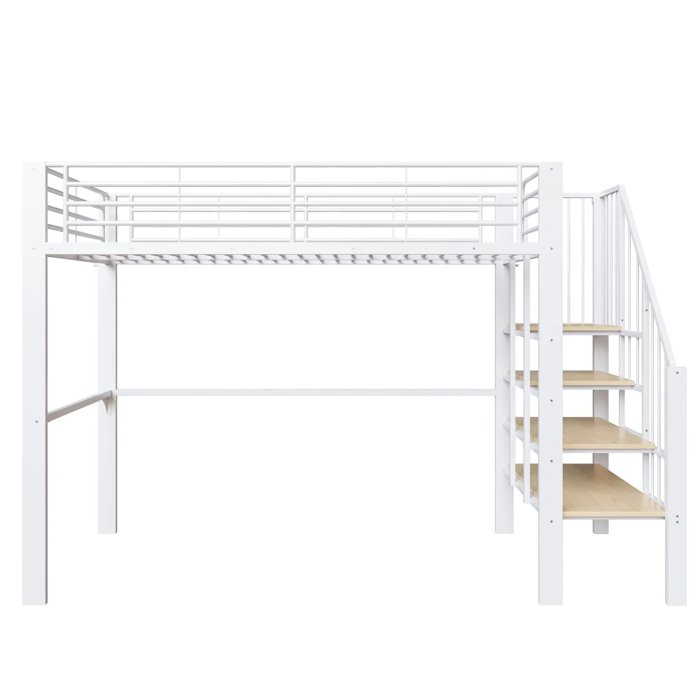 Stabiles Hochbett aus Metall, 90 x 200 cm/140 x 200 cm, mit geräumigem Stauraum unter dem Bett und Treppe für Kinder und Erwachsene, Bettgestelle und -gestelle – Detail 9
