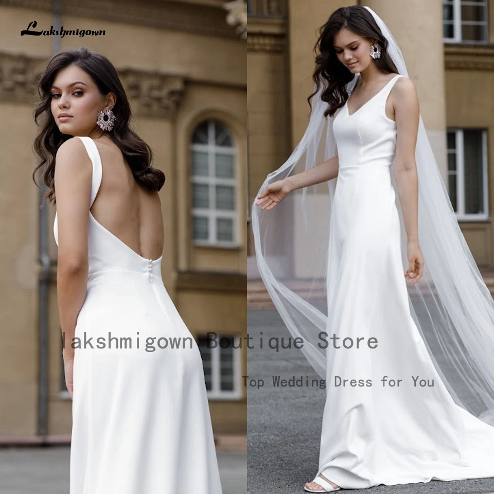 

Simple Satin Mermaid Wedding Dress Beach Summer 2022 V neck Robe Boheme Backless Women Wedding Gowns Sleeveless