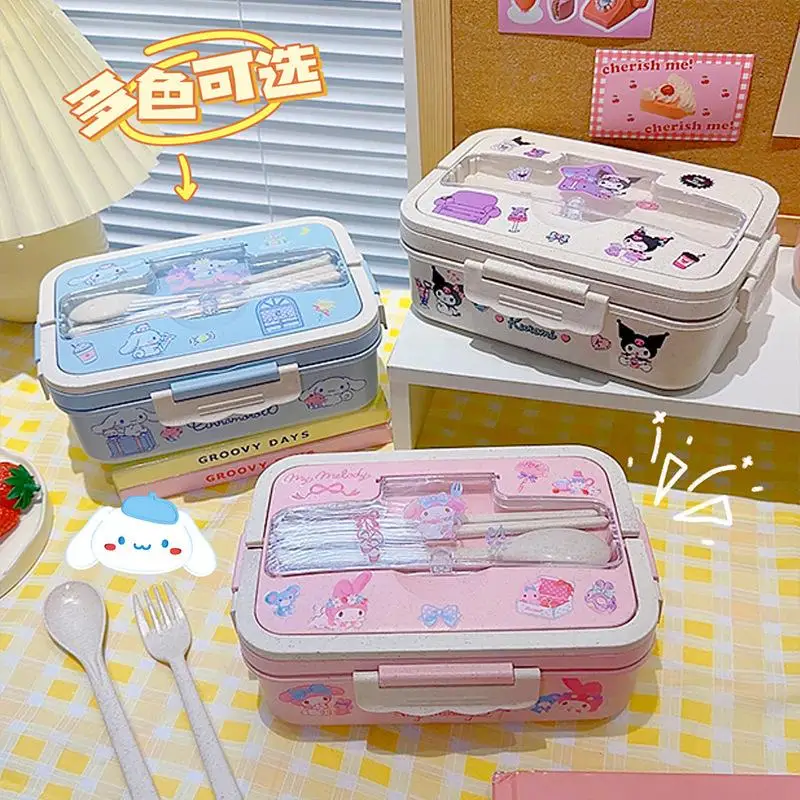 Sanrio Cartoon Bento Box Cinnamoroll My Melody Large Capacity Storage Dinner Pail Kuromi Lunch Box Tableware Set Student Gift