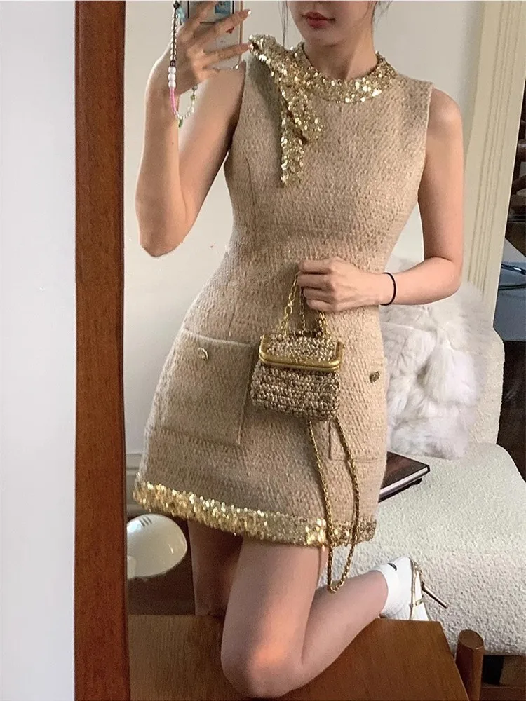 

French Small Fragrant Golden Sequin Decoration Bow O-Neck Sleeveless Dress Fashionable Thick Tweed Slim Elegant Short Dresses