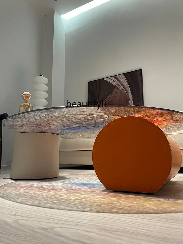 sscn8617 Italian Minimalist round FRP Marble Water Ripple Glass Plastic Tea Table