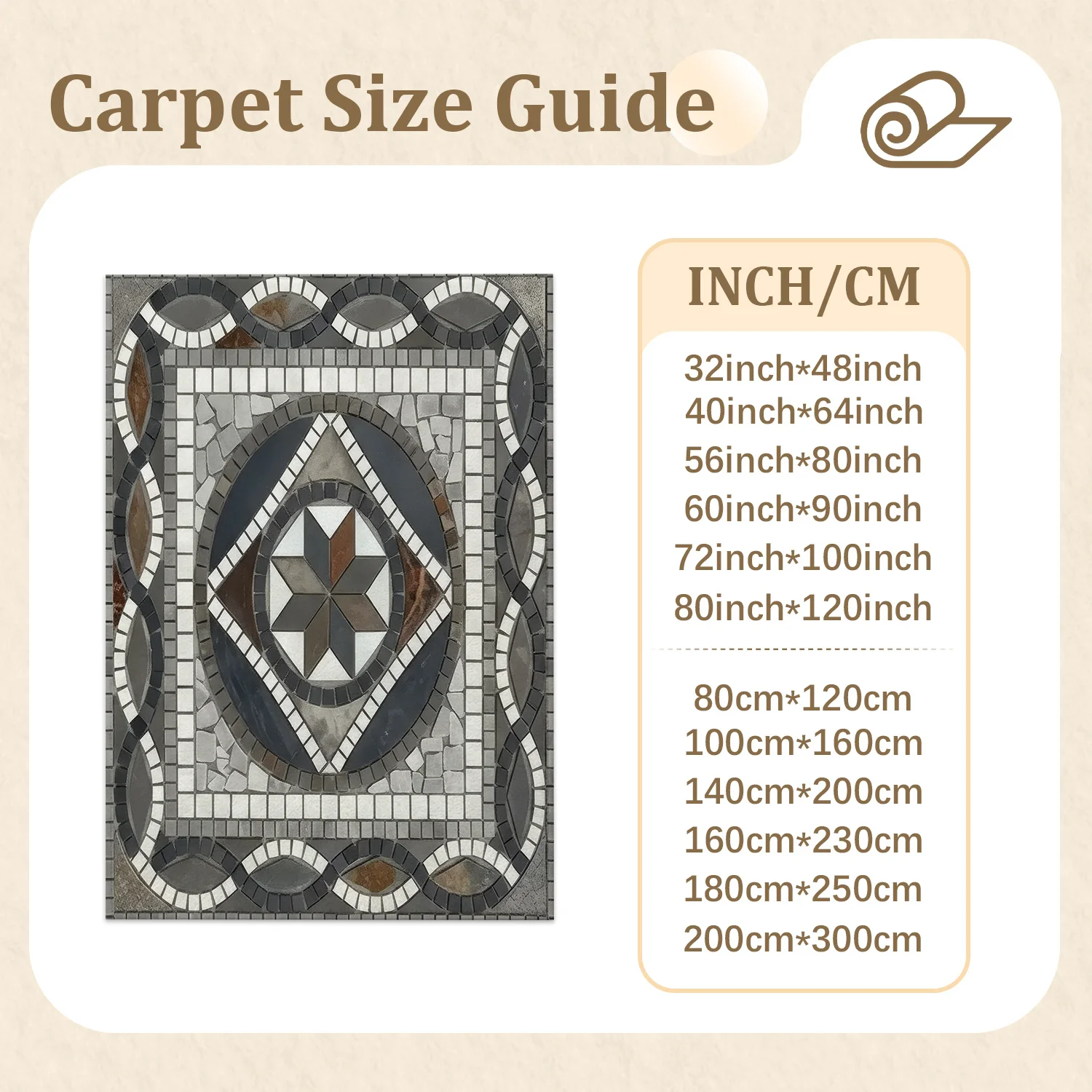 Large Indoor Area Rug, Soft Velvet Low Pile Non-Slip Dotted Backing Machine Washable, Mosaic Geometric Star Pattern Neutral Tone Floor Rug for Living Room Bedroom