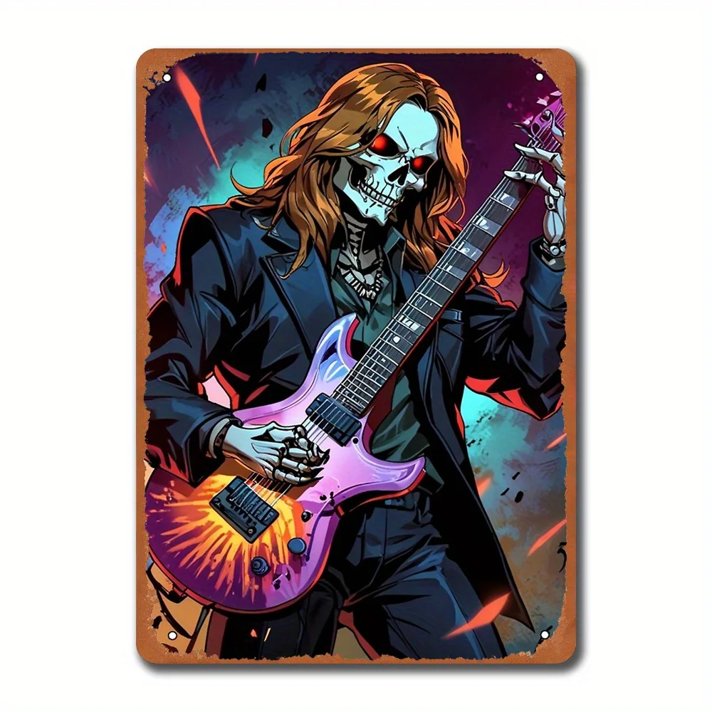 Vintage Skull Guitarist Metal Art Print - Classic Wrought Iron Home Decor, es, Psychedelic Rock Music Wall Art, Durable Materia