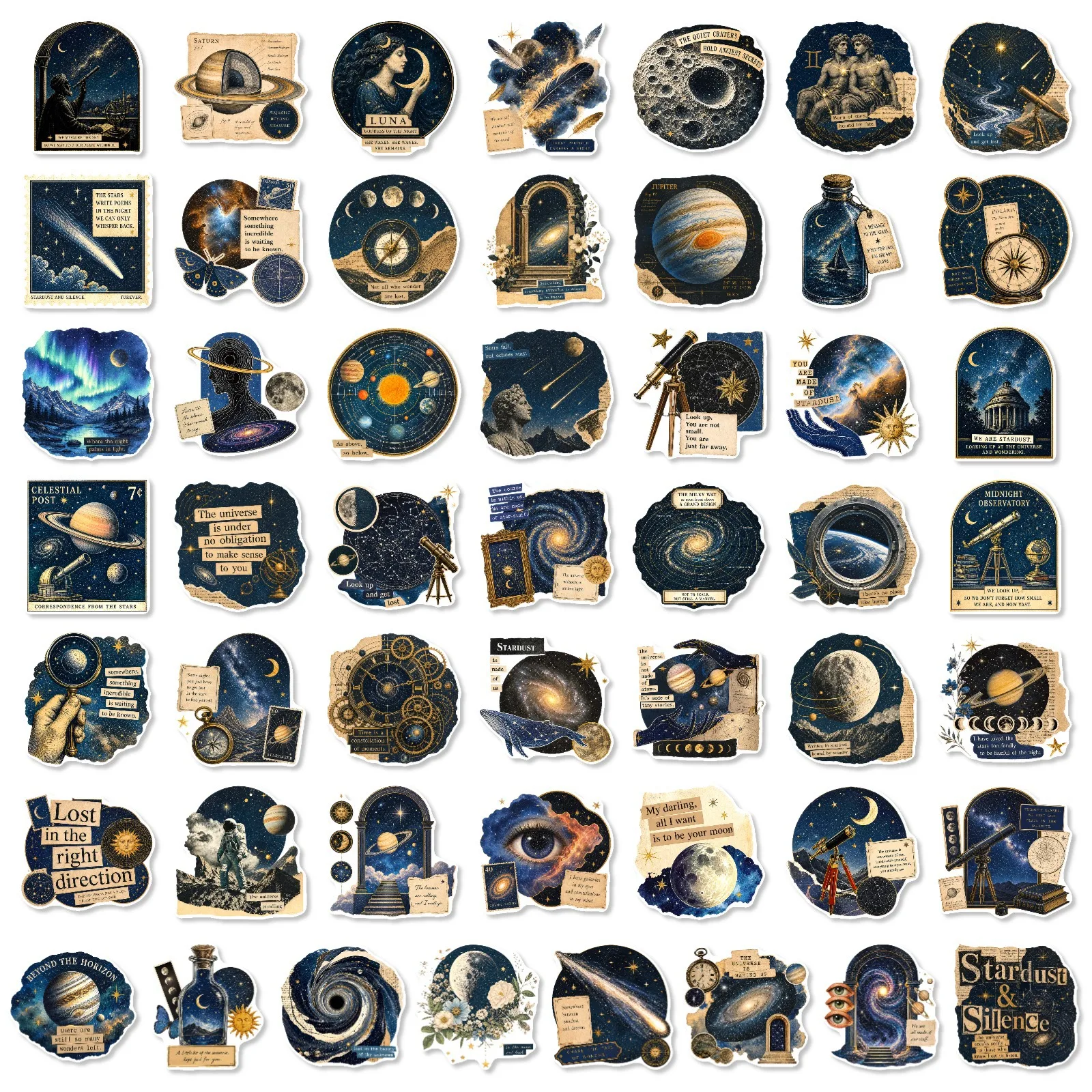 50 Pcs Vintage Starry Universe Theme Stickers Creative Waterproof Vinyl Decals for Journal Notebook Phone Case Gift