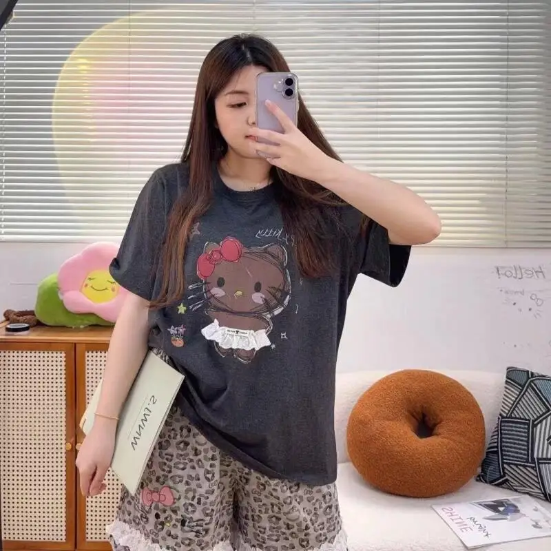 Popular Hello Kitty Summer Cartoon Women's Pajamas Large Size Short-Sleeved Shorts Two-Piece Set Lace Beautiful Ins Home Clothes view 5