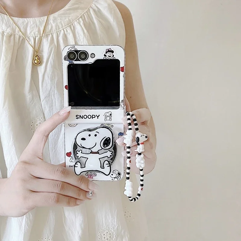 Cute Cartoon Snoopy Charlie Brown Magnetic Holder Wireless Charge Phone Case For Samsung Galaxy Z Flip 7 6 5 4 3 Hard TPU Cover
