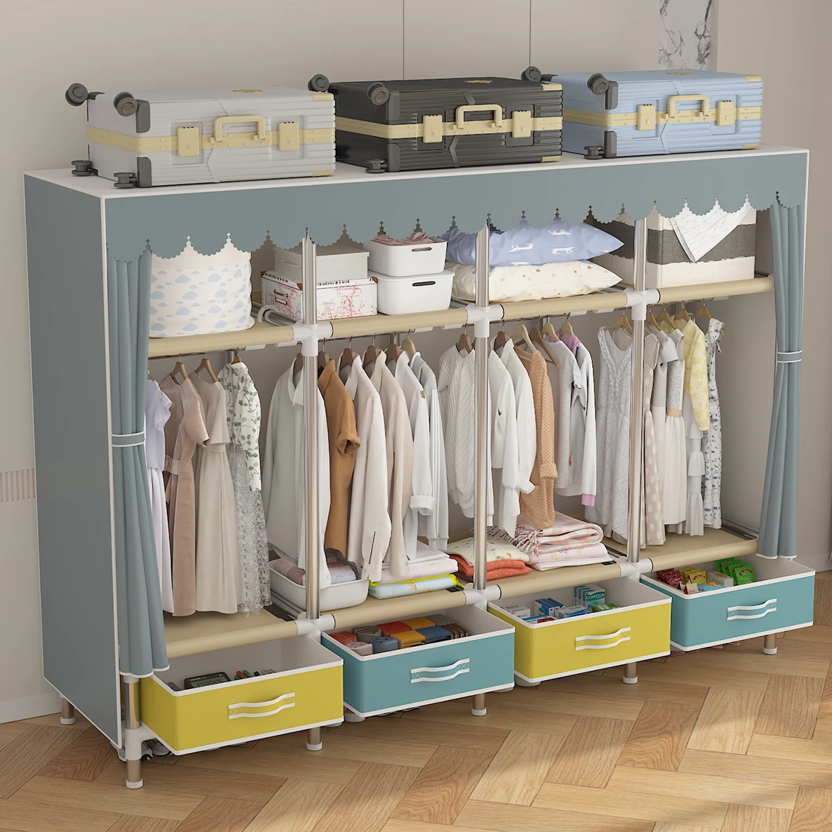 Clothes Storage Wardrobe with Dustproof Cover, Large Storage Closet with Steel Frame, Durable Rack, 1Pc