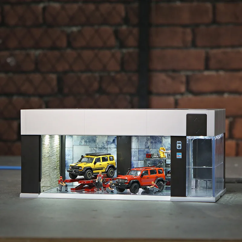 1:64 LED Car Garage Diorama Models Miniatures Display Case with Voice Control Open Close Door for Model Cars Parking Lot Theme