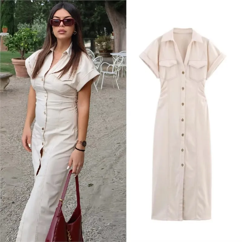 

Elegant Chic Pleated Dresses For Women 2025 New Summer Fashion Single Breasted Short Sleeve Long Dress Casual Bodycon Vestidos