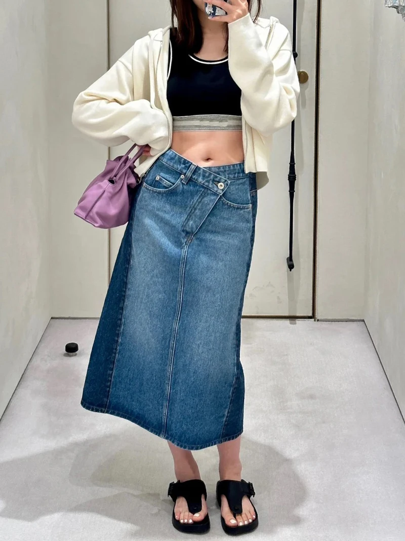 Denim Women Skirt 2025 New Fashion Design Irregular Diagonal Button Waist Front Back Color Block Blue Mid length Lady Half Skirt