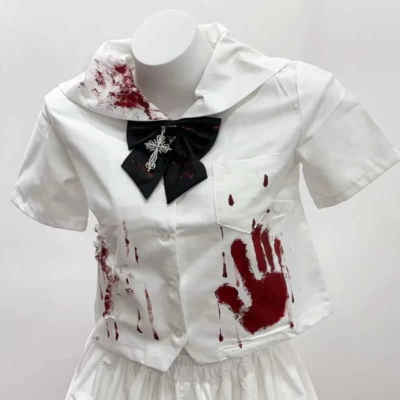 

Y2K White Shirt Short-sleeved Top Blouse with Bloodstain Devil Uniform Vampire for Women Halloween Carnival Party