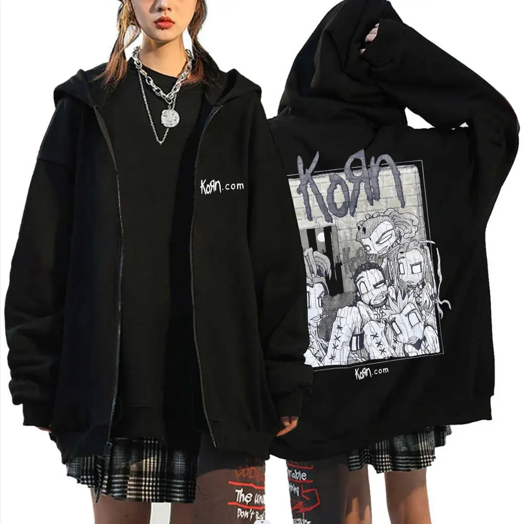 Rock Band Korn Graphic Print Zipper Hoodie Mens Fashion Vintage Zip Up Hoodies Male Alternative Metal Music Zip Up Jacket Coat