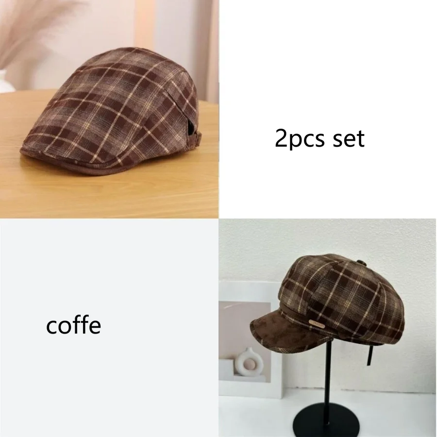 Japanese-Style Plaid Large-Brimmed Newsboy Cap Set for Outdoor Activities Sun Protection and Autumn/Winter Wear