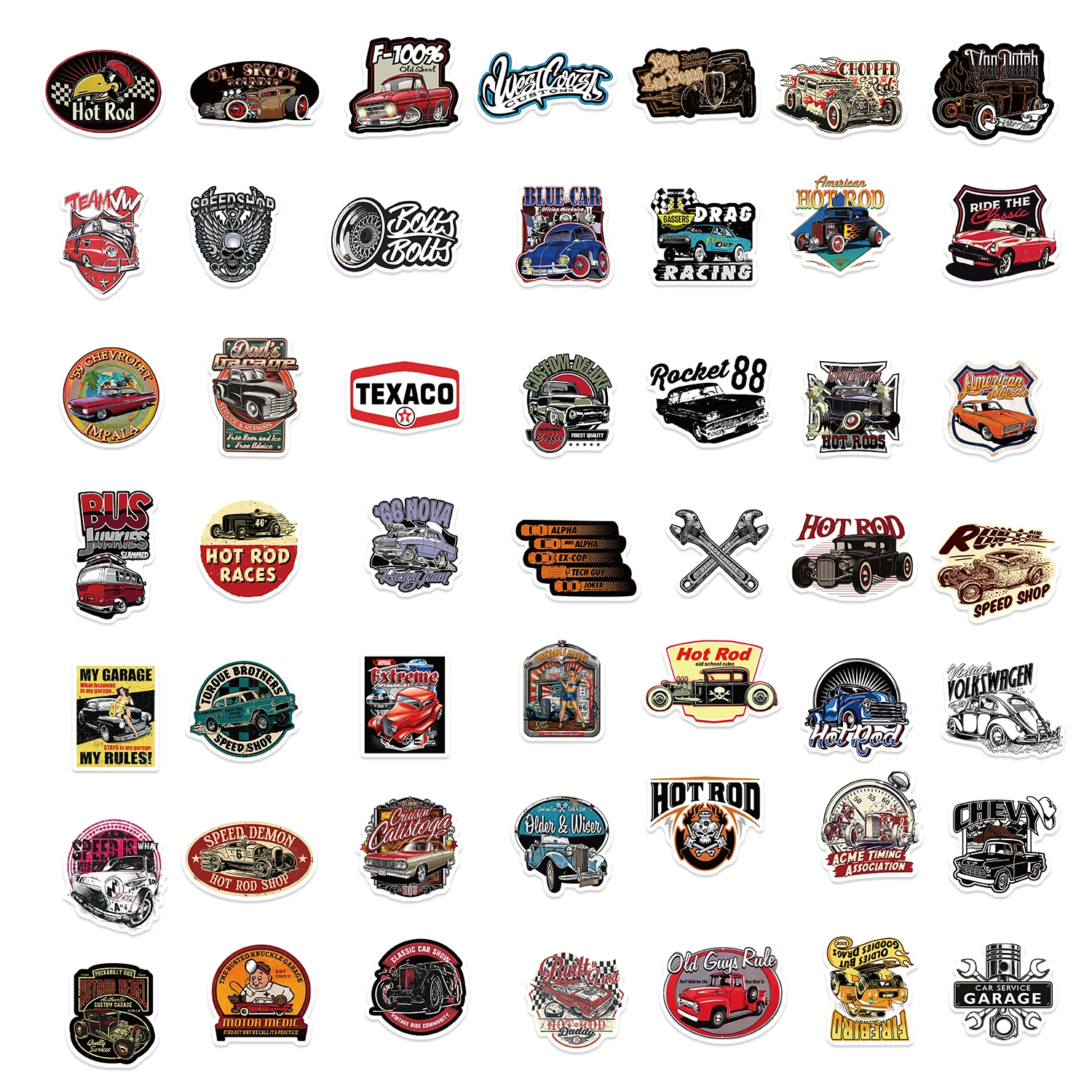 50PCS Cartoon Retro Classic Car Sticker Graffiti Waterproof Creative Trendy For Skateboard Water Cup Personalized Decal Stickers