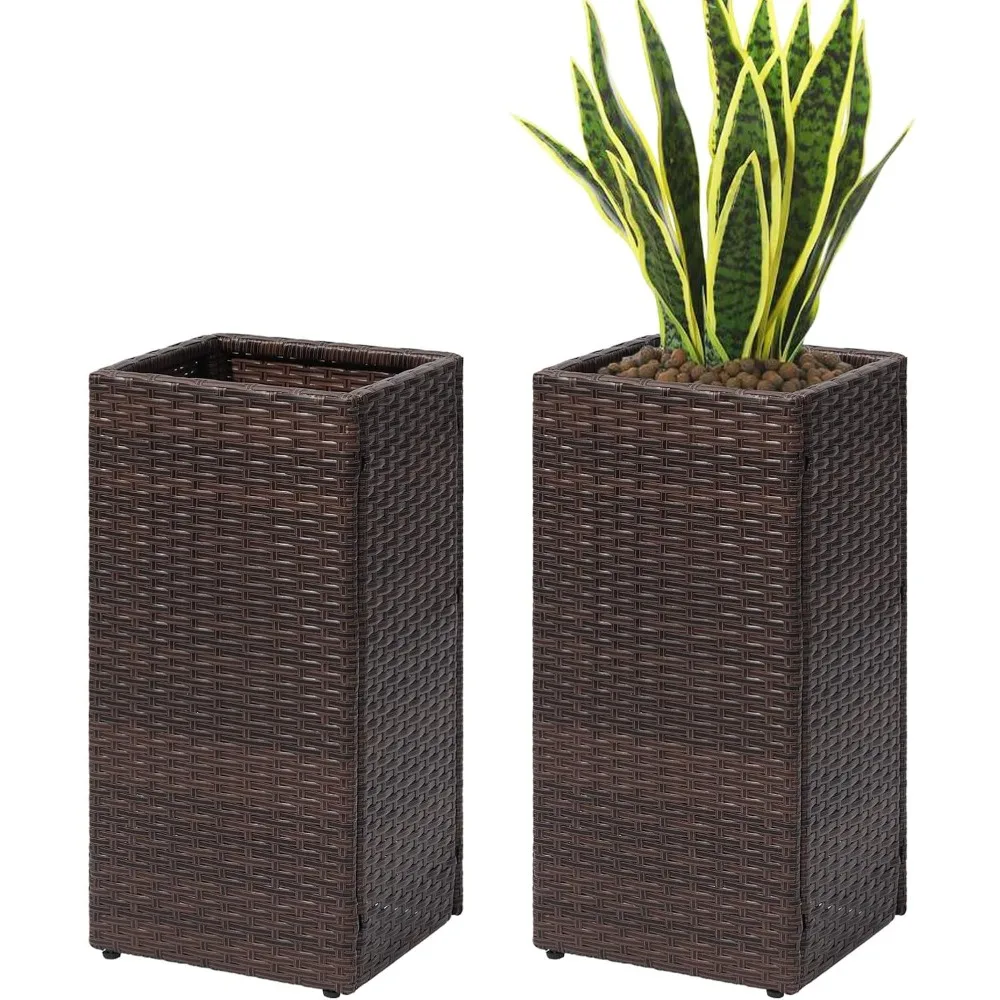 

2 Pack Tall Planters for Outdoor Plants Rattan Modern Tall Square Planter Box with Removable Liners Indoor (12’’ x 12’’ x 24’’)