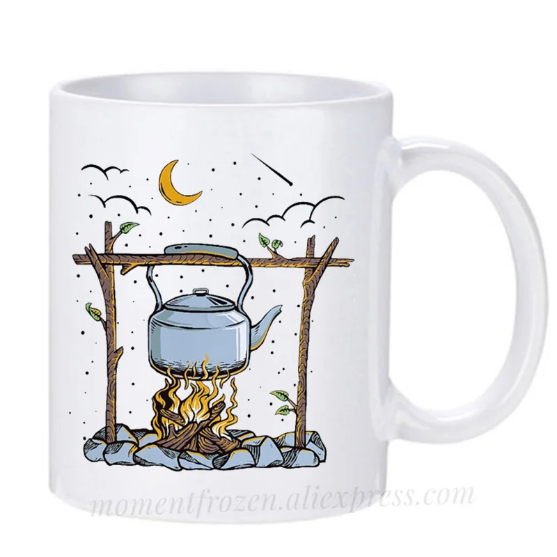 Camping Mugs Bonfire Campfire Cups Outdoors Travel Hiking Teapot Teaware Coffee Mugen Coffeeware Tableware Home Decal Drinkware