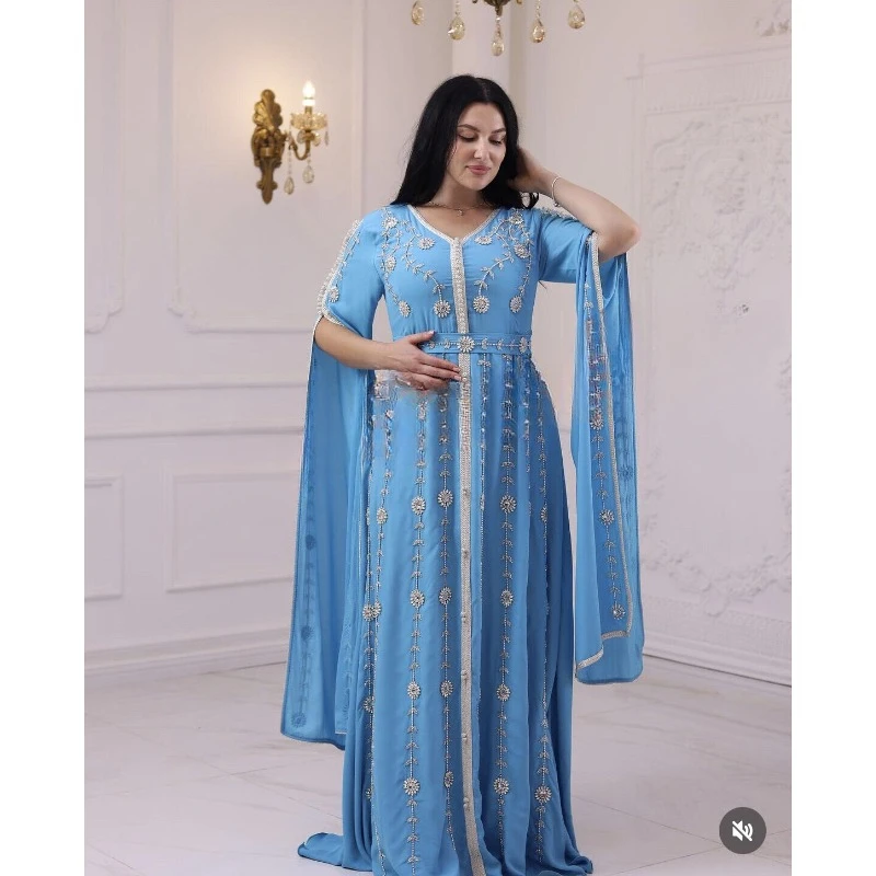 

Sky-Blue Moroccan Kaftan Farasha Zari Embroidered Work Wedding Long Gown