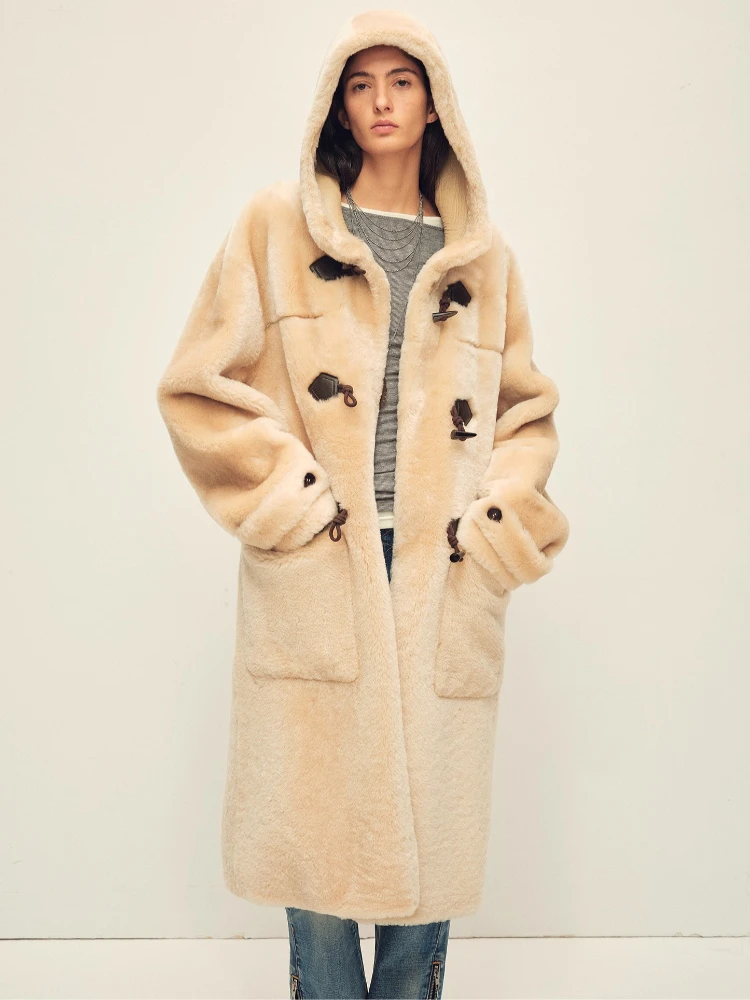 

High-end Luxury Merino Sheep Fur Lambswool Jackets for Women 2026 New Simple Hooded Long Winter Genuine Leather Real Fur Coat
