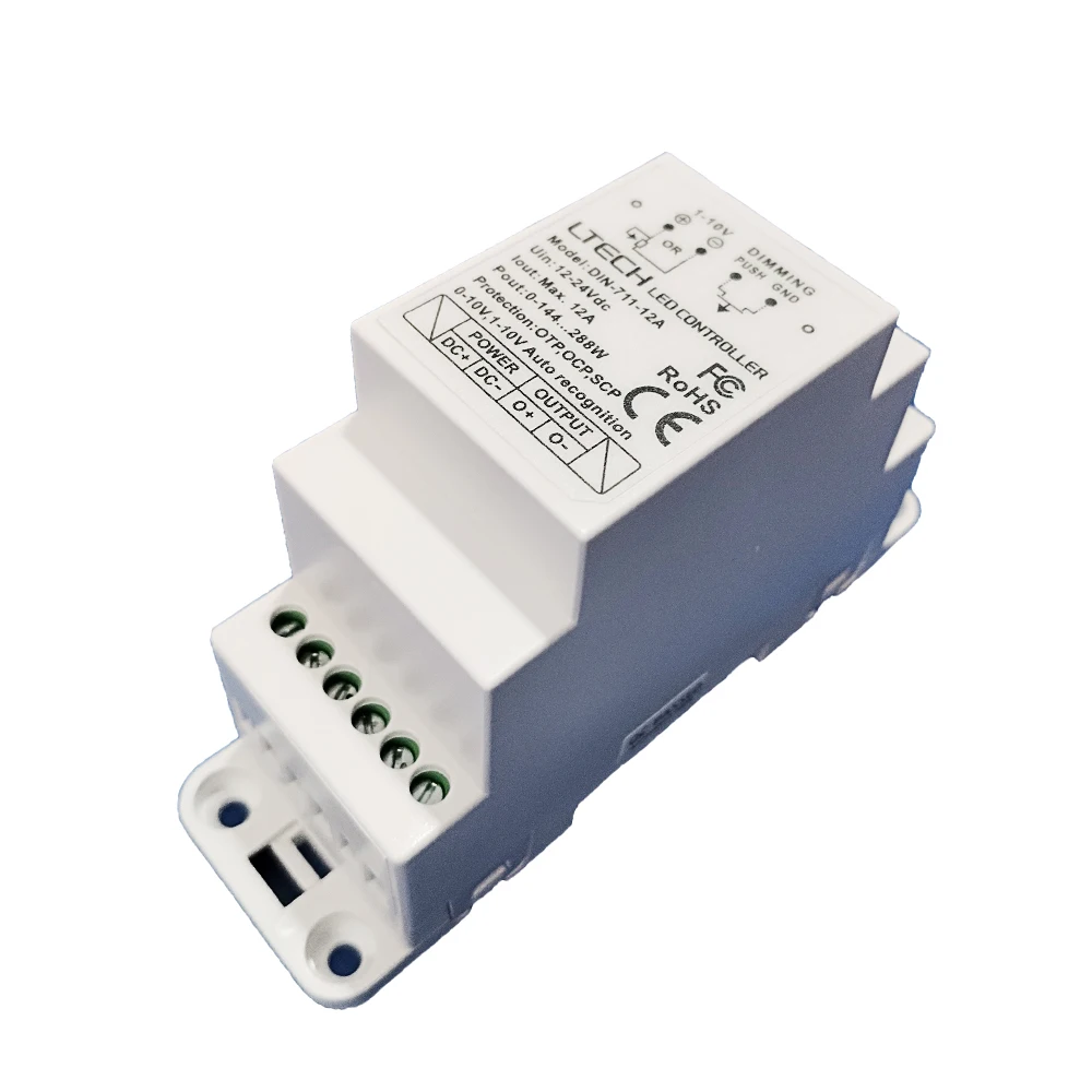 LTECH New 0-10V LED Dimming Driver;DC12V-24V Input;12A*1CH Output DIN Rail PWM Push Constant Voltage Drive DIN-711-12A