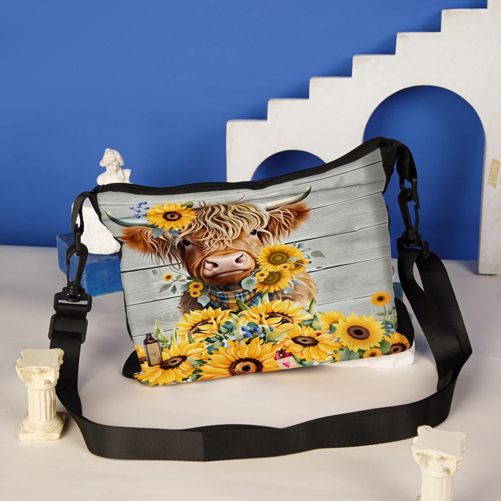 1pc Cow Sunflower Print Crossbody Bag Multicolor Animal And Flower Pattern Shoulder Bags For Women Travel Shopping Casual Use