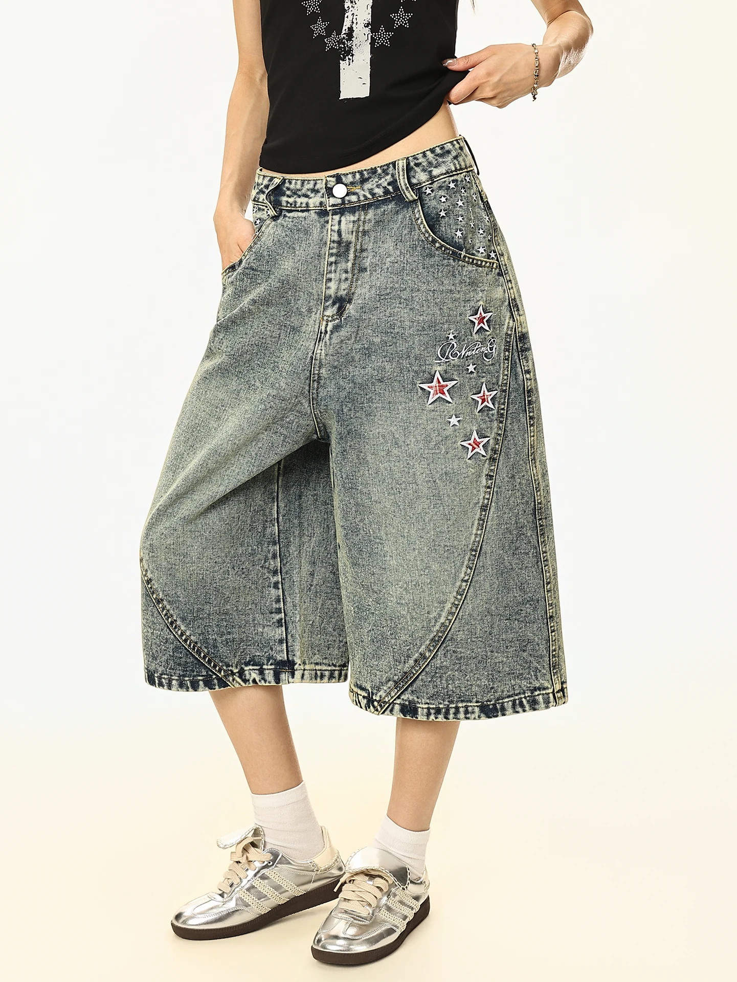

BOEAX American High Street Retro Washed Star Embroidery Denim Pants Women Summer Loose Wide Leg Seven-Foot Jeans