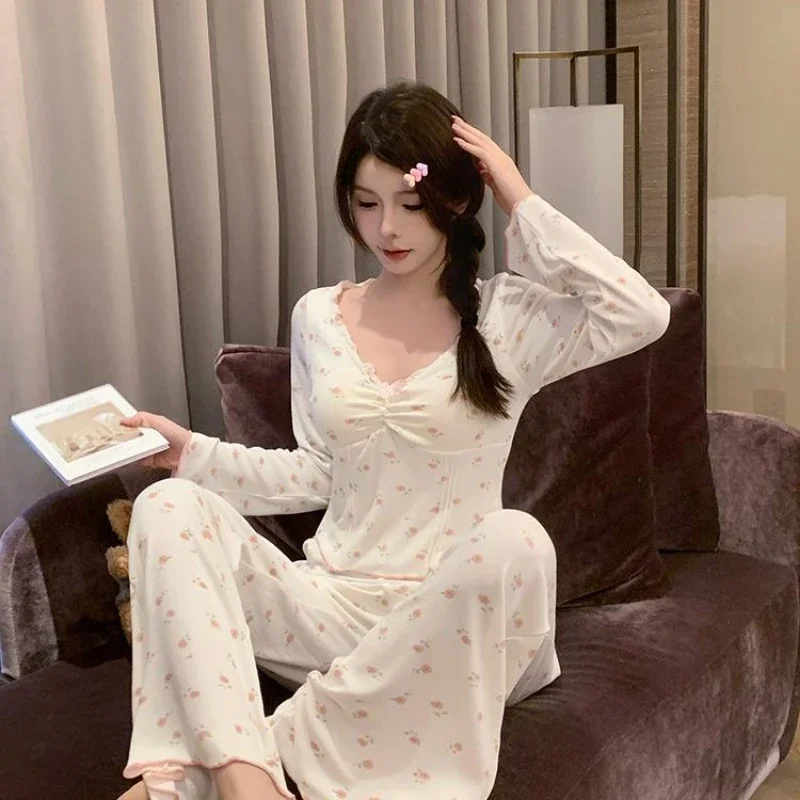 Print Floral Sexy Sleepwear Women Cotton Pajama Sets Long Sleeve Pants Kawaii Clothes with Chest Pads Loungewear Korean Pajamas