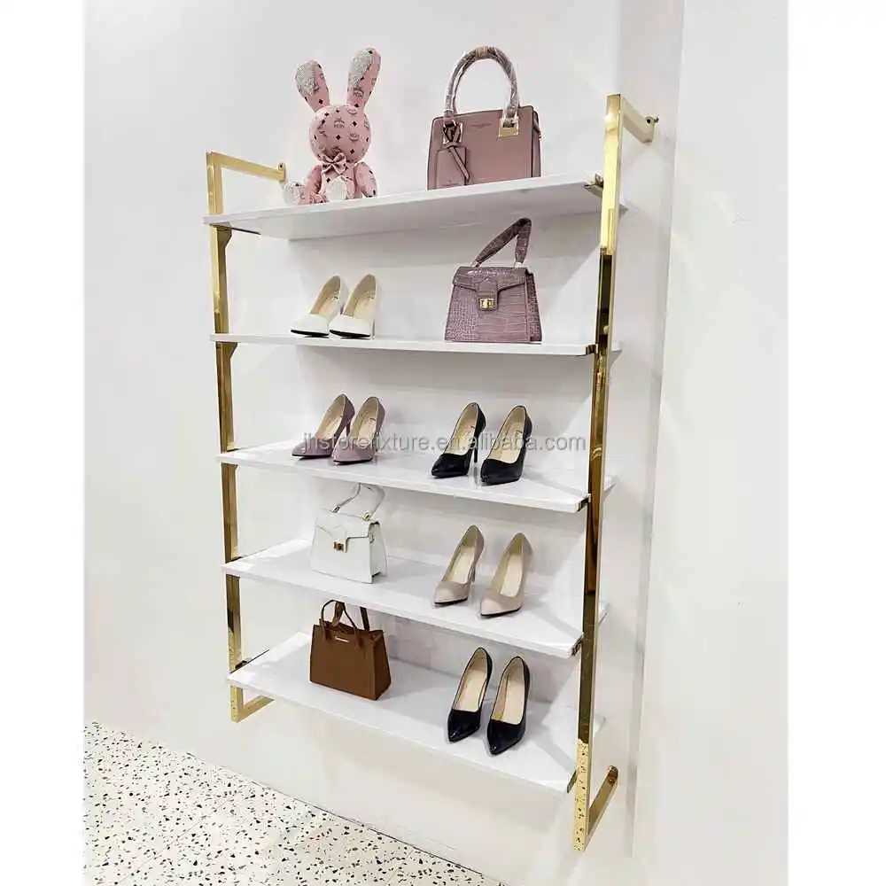 European Stainless Steel Gold Metal Shoe Window Display Rack Four Layers Handbag Shoe Rack for Wall