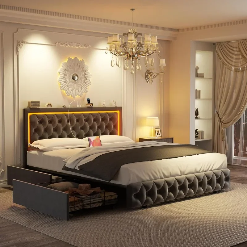 

Кровать большого размера ZHENXIANG с 4 ящиками для хранения, кровать с мягкой платформой с портами Type-C и USB, регулируемая стеганая кнопка