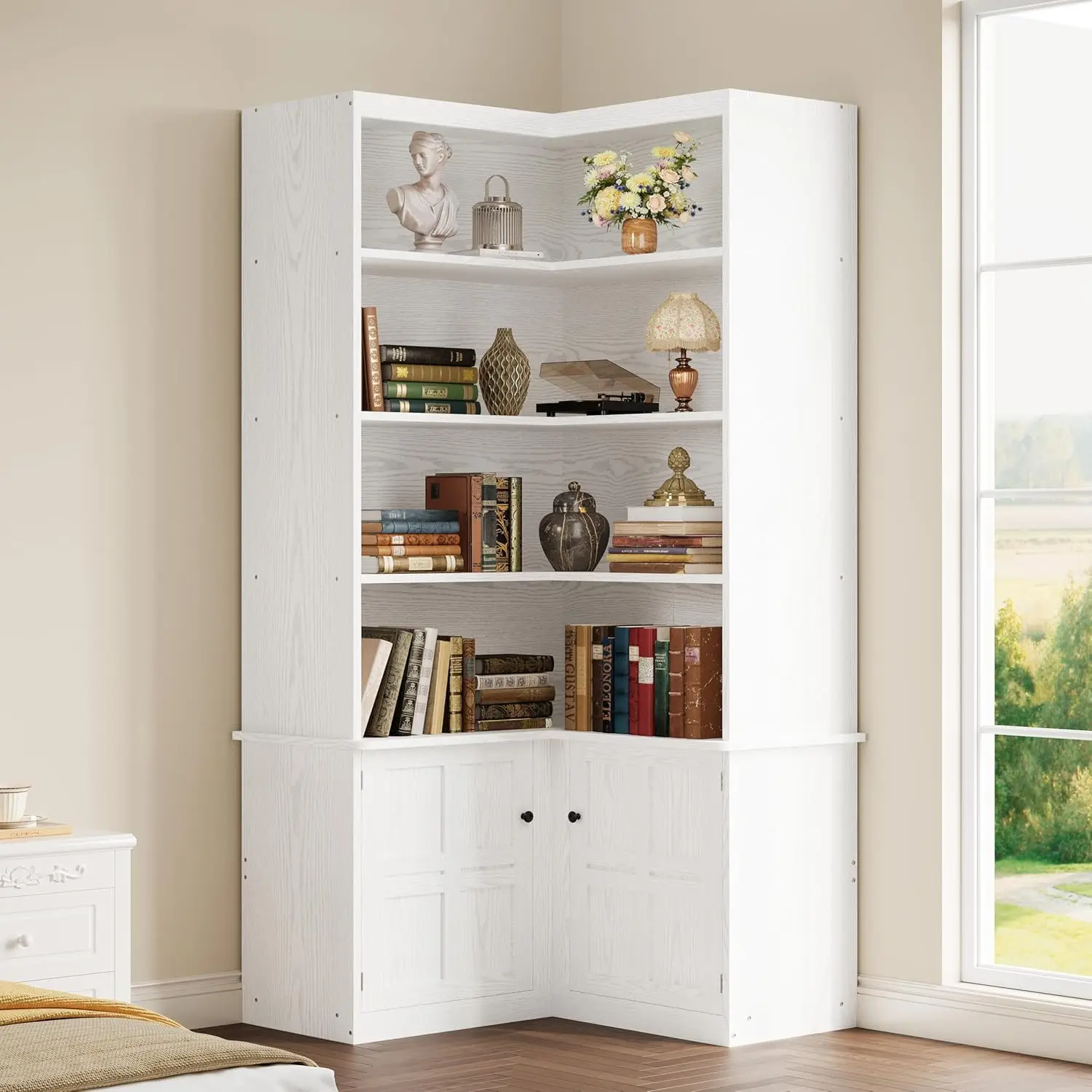 Bookshelf with Doors, 6 Tier Bookcase with Storage, Corner Shelf with Cabinet, Large Tall Bookshelf for Living Room