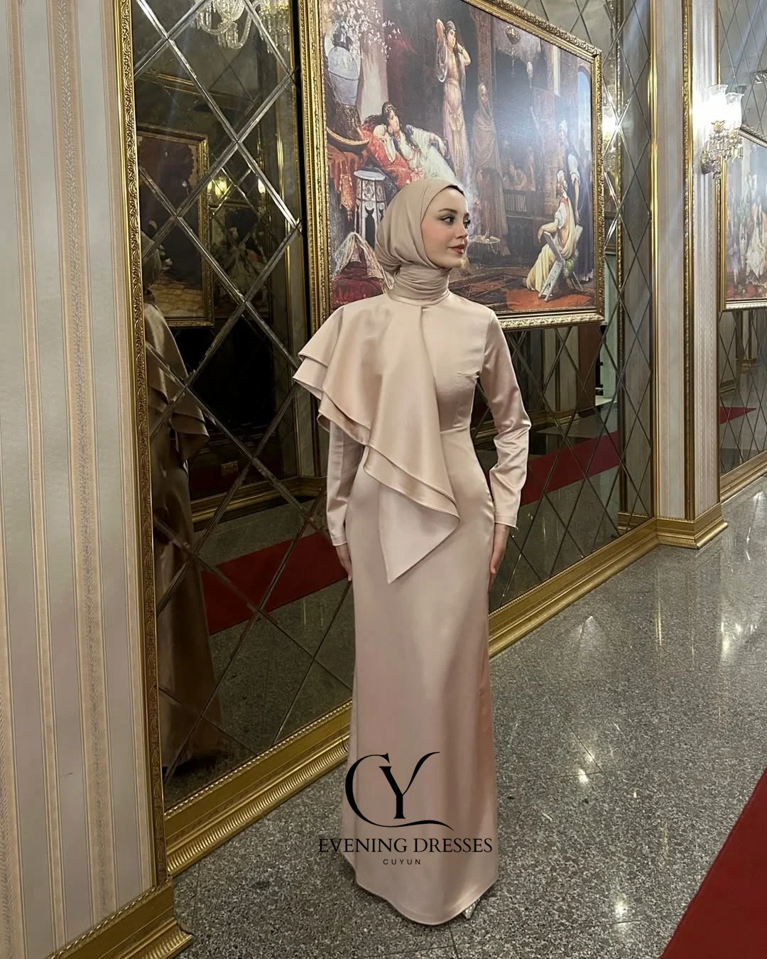 Suknie wieczorowe muzułmańskie CUYUN z satyny, z wysokim dekoltem, drapowane, proste, na specjalne okazje, szyte na miarę, z długimi rękawami, suknie na studniówkę.