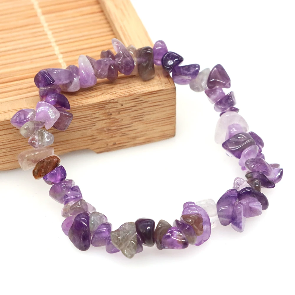 Natural Stone Crystal Bracelet Irregular Energy Bead Chip Reiki Healing Jewelry Amethyst Rose Quartz Wristband Bangles for Women